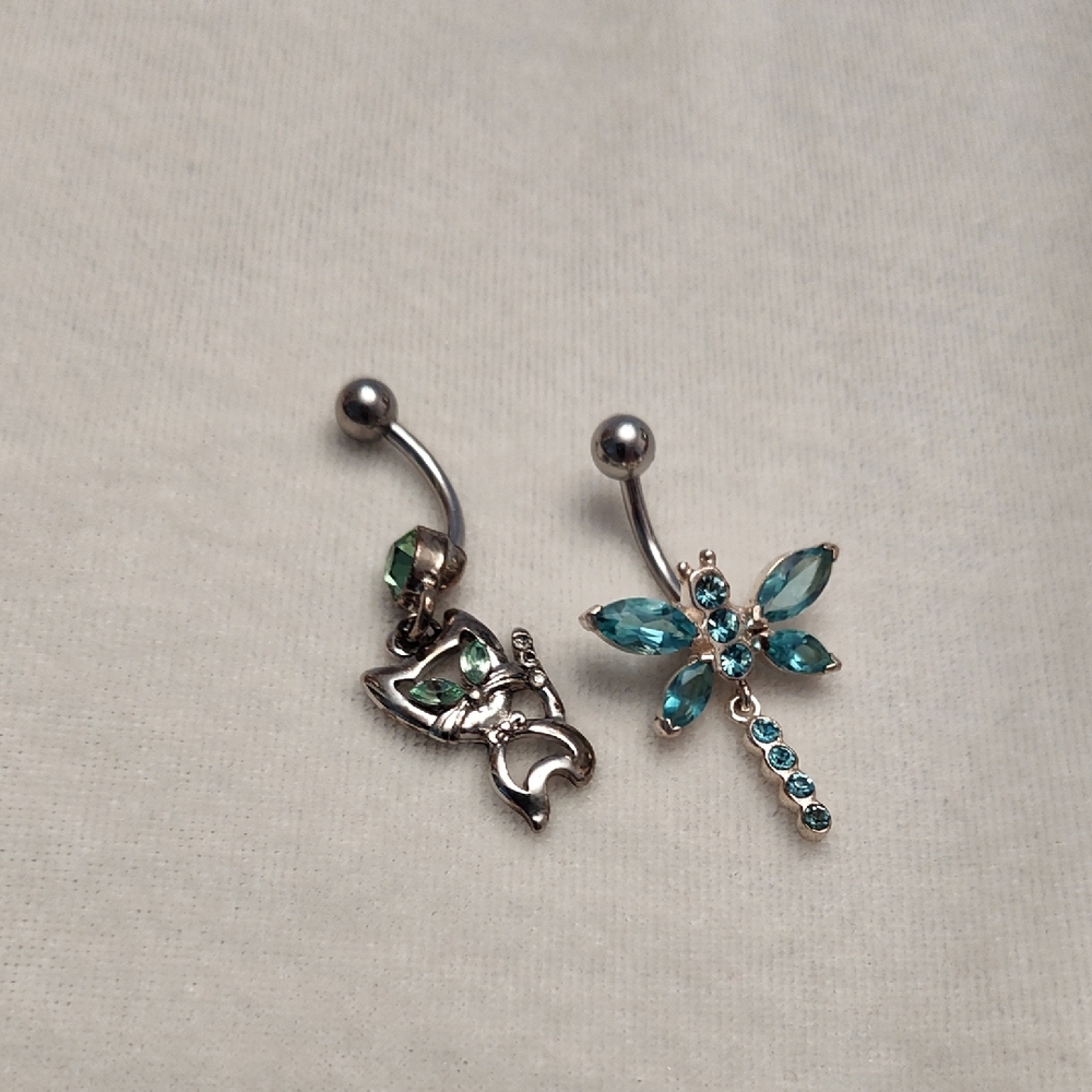Silver and Blue Dragonfly and Cat Charm Belly Rings